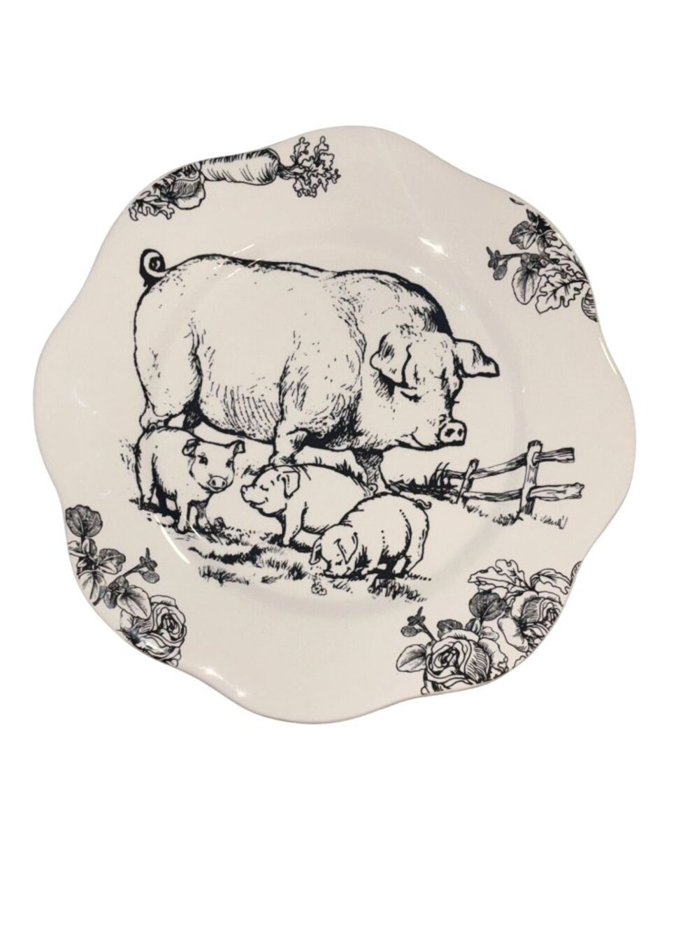 Barnyard Toile Pig Design Ceramic Plate 11" Scalloped Edge Microwave & Dishwashe